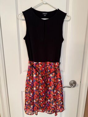 AllenB Black Bodice Multicolor Geo-Print Sleeveless Fit & Flare Dress with belt